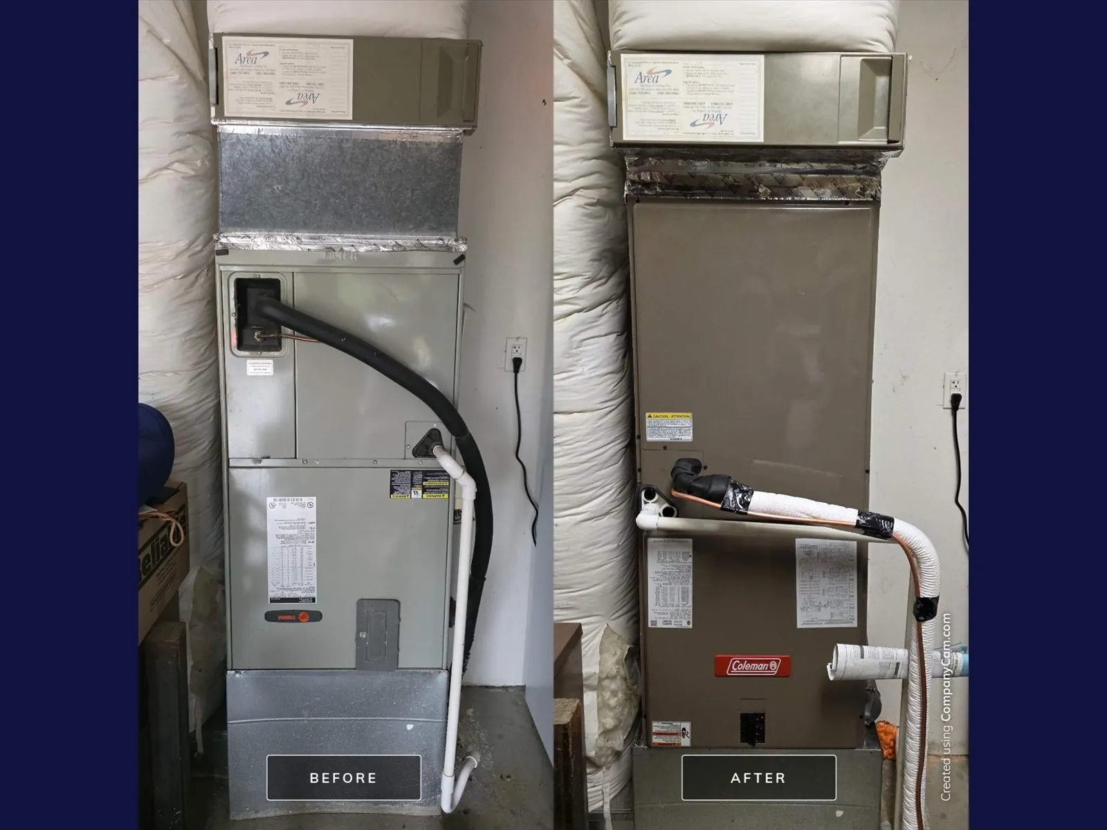 Before and after photos of an old air handler replaced with a new Coleman air handler
