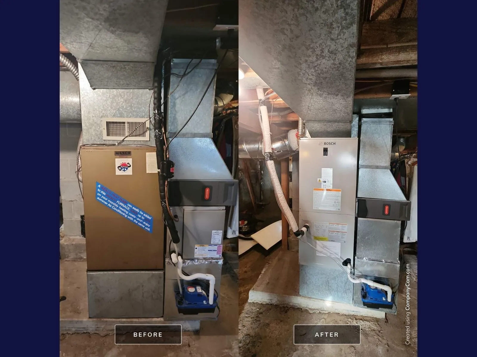 Before and after photos of an old furnace replaced with a new Bosch indoor unit