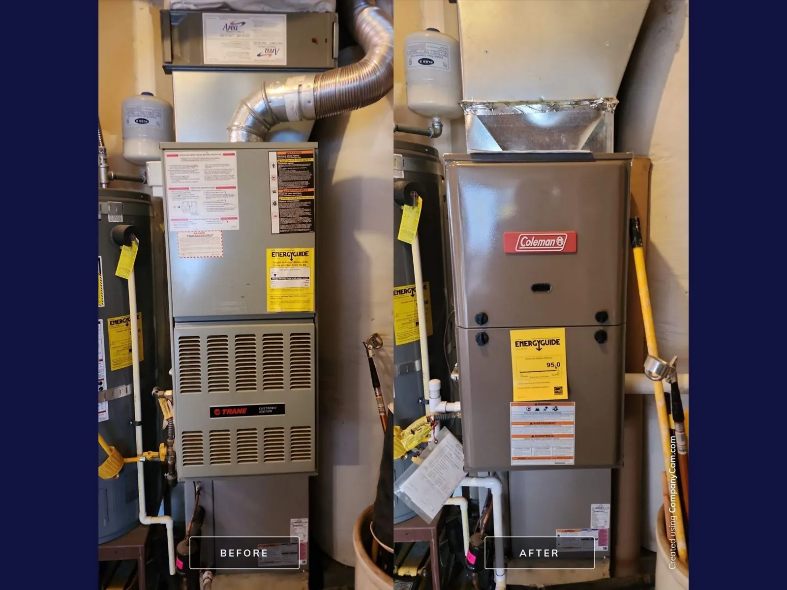 Before and after photos of an older furnace replaced with a new Coleman furnace